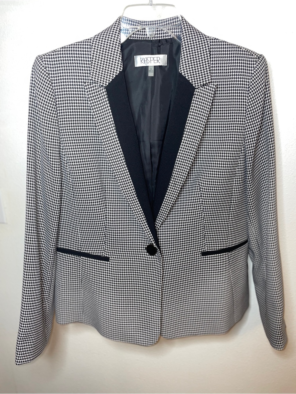 Kasper Black and White Houndstooth Blazer with Black Trim